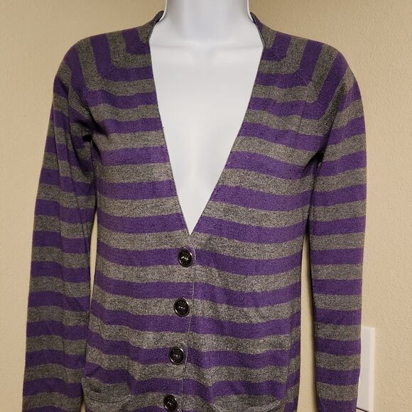 💚TNA Purple & Gray Stripe Long Sleeve Wool Blend Sweater w/Pockets Small - Picture 2 of 12